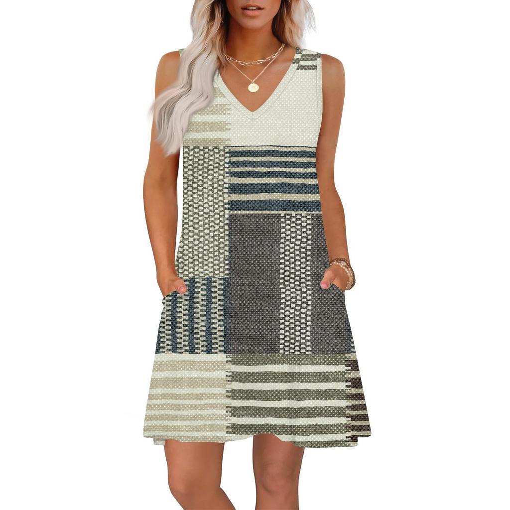 Women's Summer Dresses Loose Fit Printed V Neck Sleeveless Sundresses Beach Hawaiian Dress With Pockets