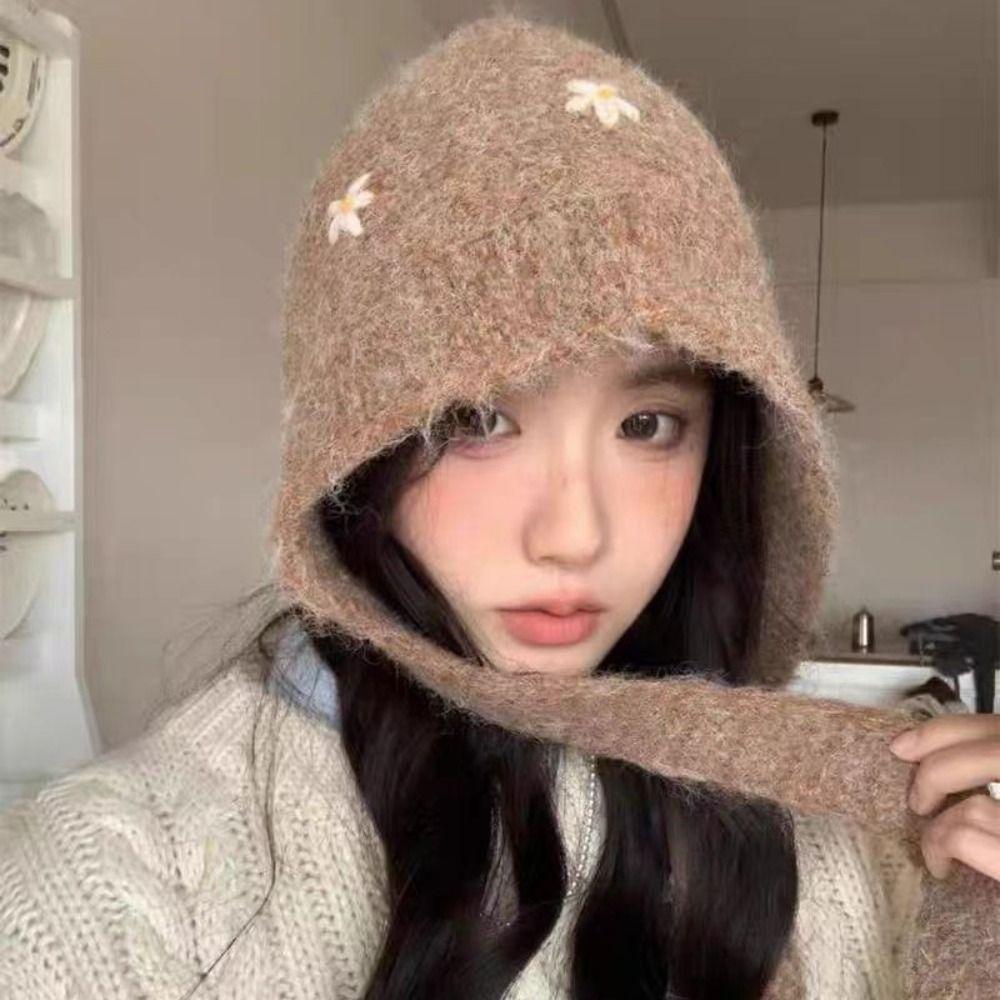 Sweet Knitted Balaclava Hat Embroidered Flowers Pullover Cap Casual Neck Collar Beanies Cap Girls
