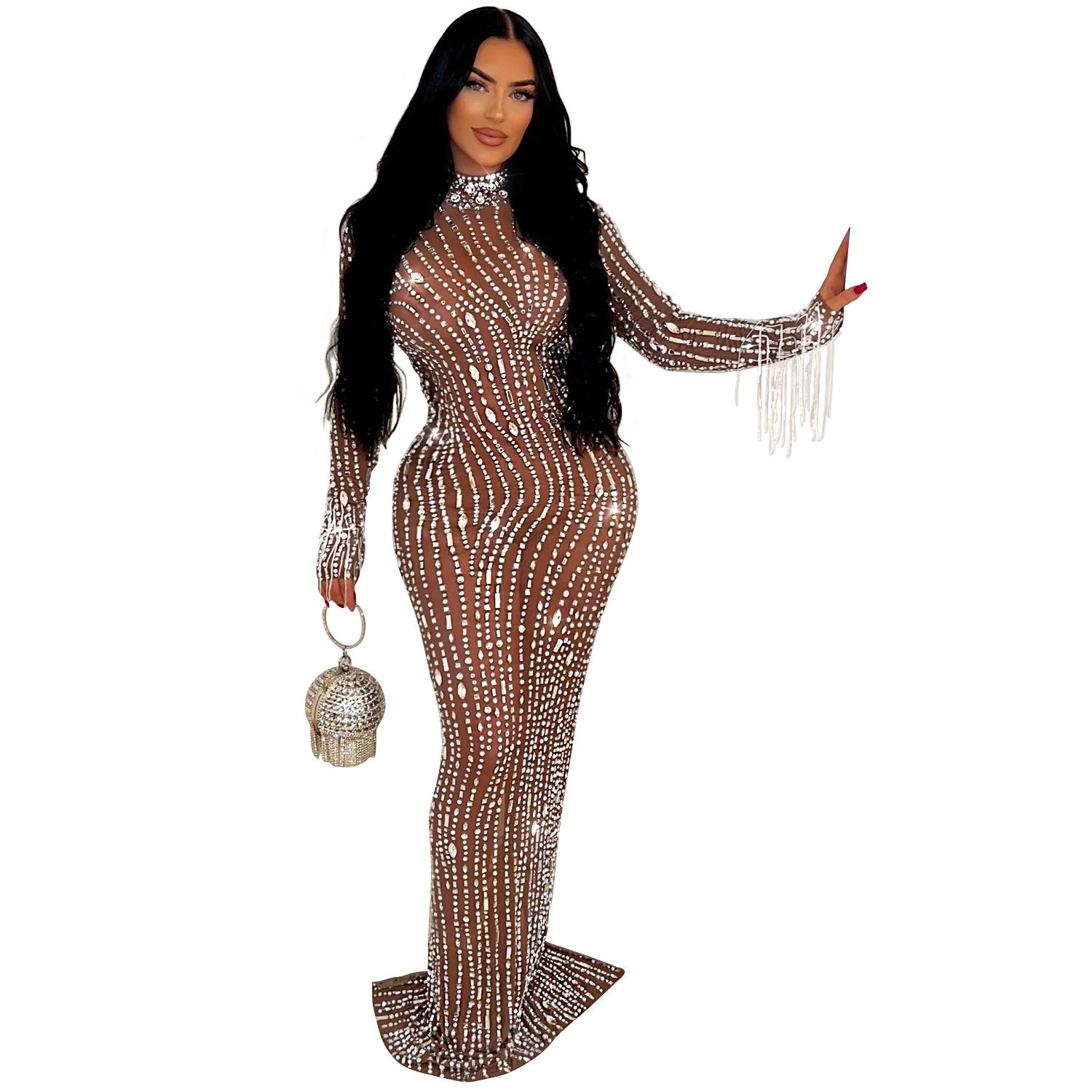 

European & American Fashion Solid Color Mesh Rhinestone Long Dress Extra Large