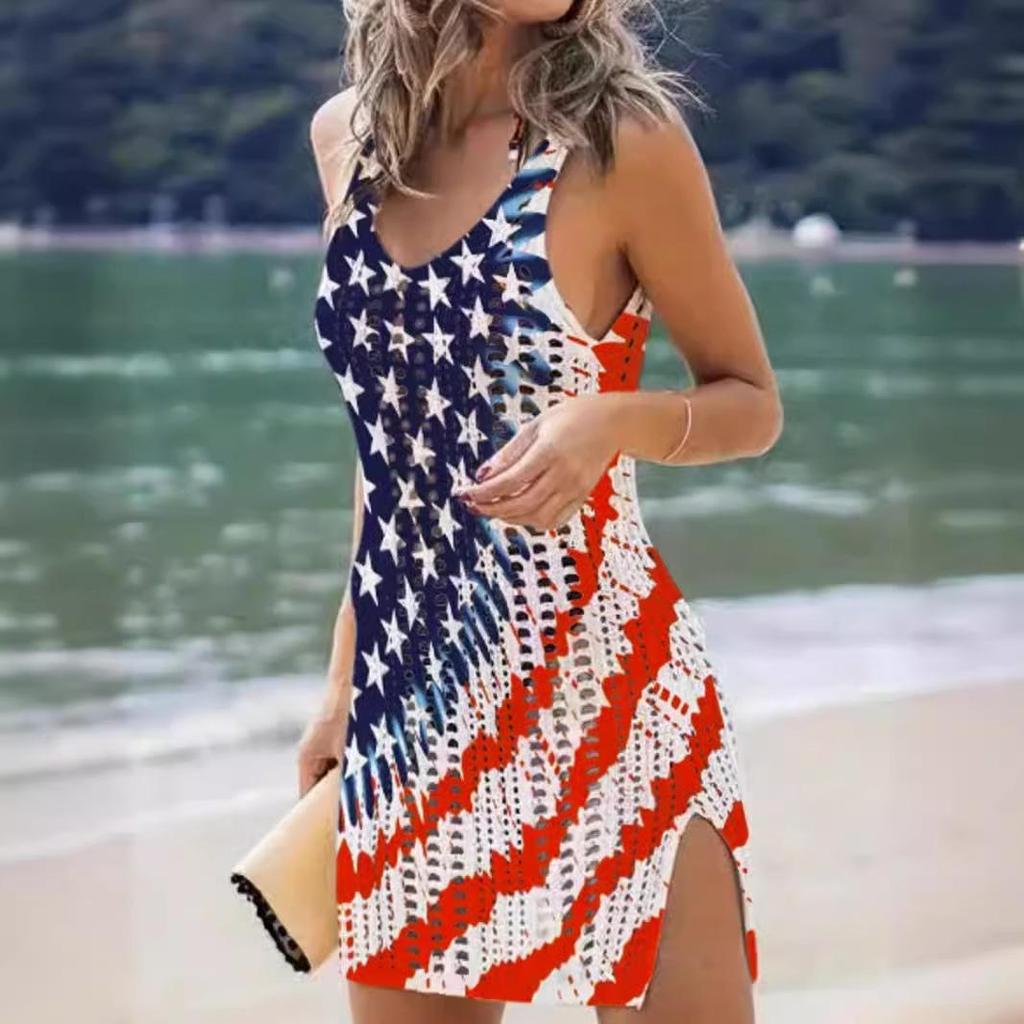 European and American Flag Pattern V-Neck Sleeveless Pullover for Spring/Summer Beach Vacation