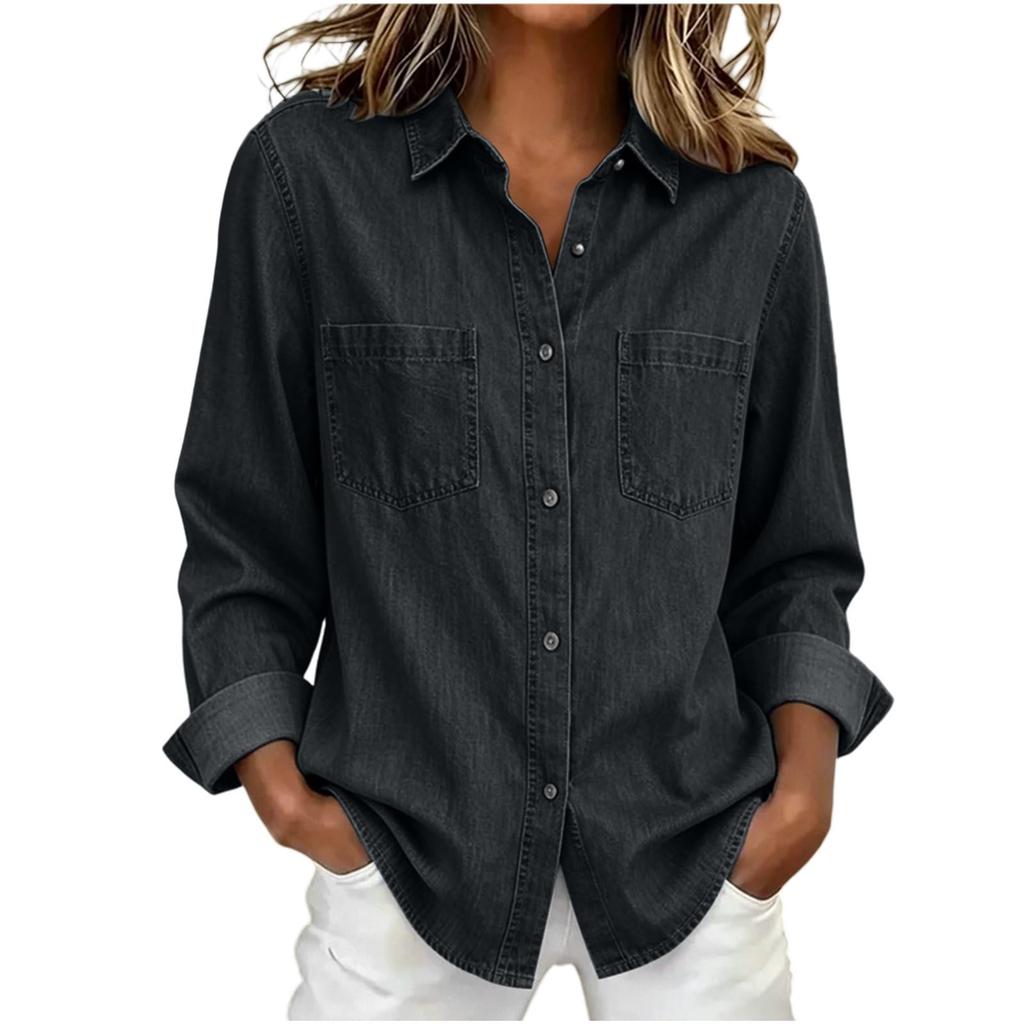 Women's Casual Long Sleeve Denim- Shirt with Stand Collar for Everyday Wear