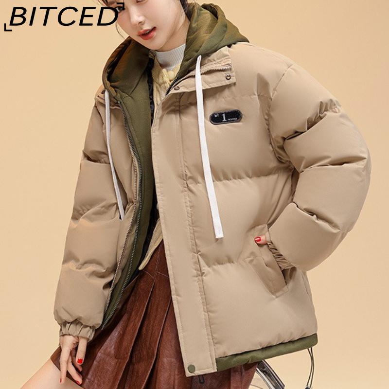 BITCED Pseudo-Two-Piece Cotton Coat Unisex Winter Fashion Contrast-Colour Hooded Sweatshirt Thickened Warm Cotton Jacket