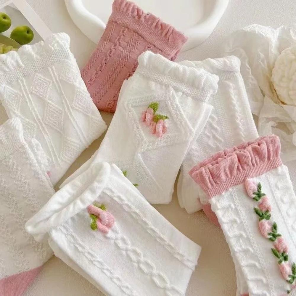 5 Paar Niedliche Spitze Mittelhohe Socken Harajuku Stil Damen Socken Set Weiche Baumwollsocken Herbst Winter