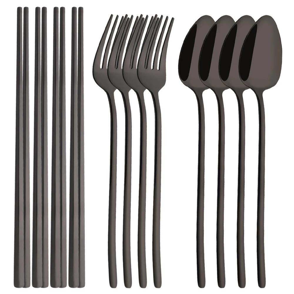 Silver Stainless Steel Flatware Cutlery Set Sushi Sticks Dinner Set 12Pcs Dinnerware Korean Chopsticks Fork Spoon Dinnerware