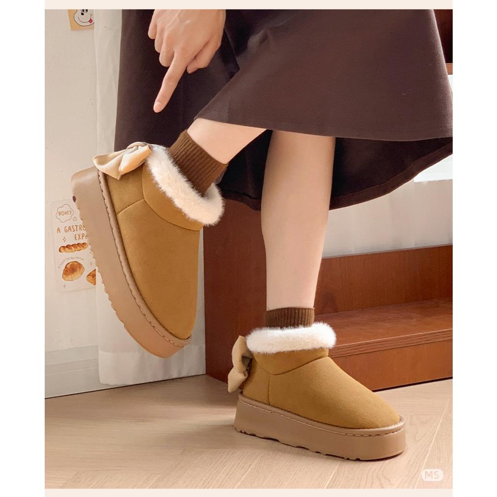 Hairy Mouth Bag and Butterfly Knot Cotton Shoes for Women In Winter, Thick Soled, Height Increasing, Versatile, and Plush Warm Snow Boots