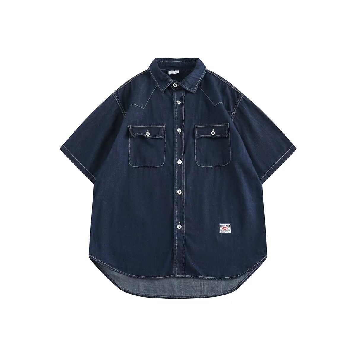 

Японский ретро модный бренд летняя свободная джинсовая рубашка с короткими рукавами художественная молодежная рабочая рубашка мужская и женская многослойная куртка 2XL темно-синий