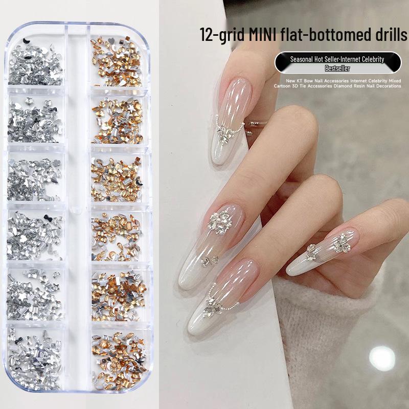 12-Grid Mini Nail Art Rhinestones, Colorful Irregular Champagne Crystals, Super Flash Flatback Nail Accessories.