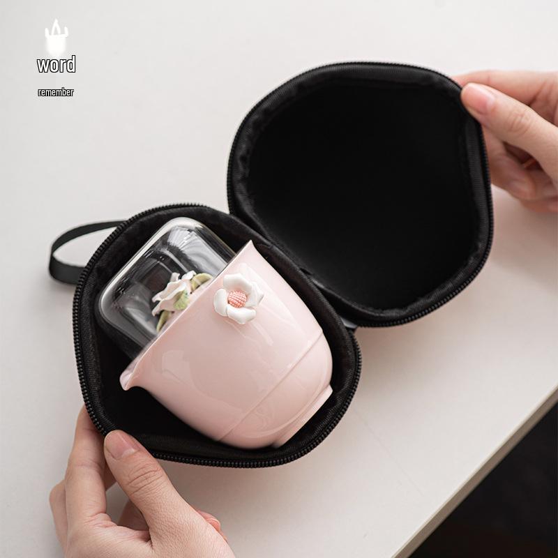 Portable Pink Ceramic Tea Set with One Pot & Three Cups - Ideal for Travel & Outdoor Use