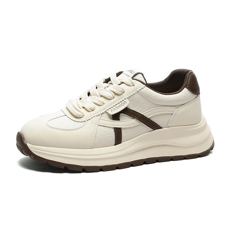 Women's Autumn New Leather Thick-soled Lightweight Height-increasing Jogging Shoes Casual Sports Simple White Shoes