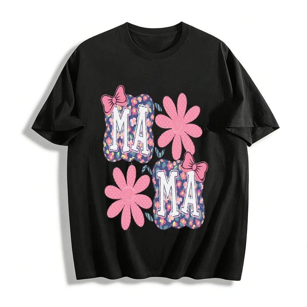 Mama Floral Print Bow Decor Short Sleeve T-Shirt for Women Pure cotton T-shirt
