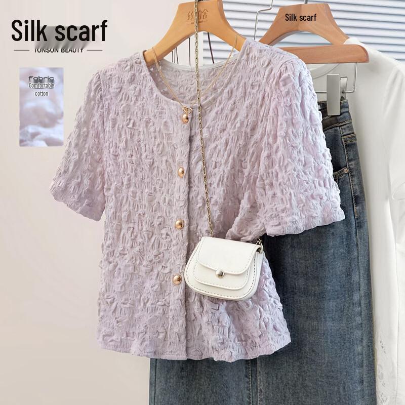 Women s Elegant Solid Color Round Neck Short Sleeve Blouse M