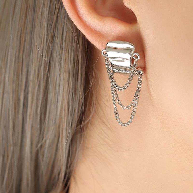 Asymmetrical Geometric Gold-Plated Copper Earrings with Tassel Design