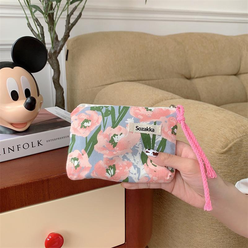Trendy Street Style Cotton Makeup Bag Floral Design Soft Pouch Drawstring