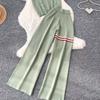 Lässiges Strick-Set mit süßem Welpenmotiv für Damen, Sommer, Umlegekragen Pullover-Top und Weitbeinige Hosen, Zweiteiliges Set für Damen