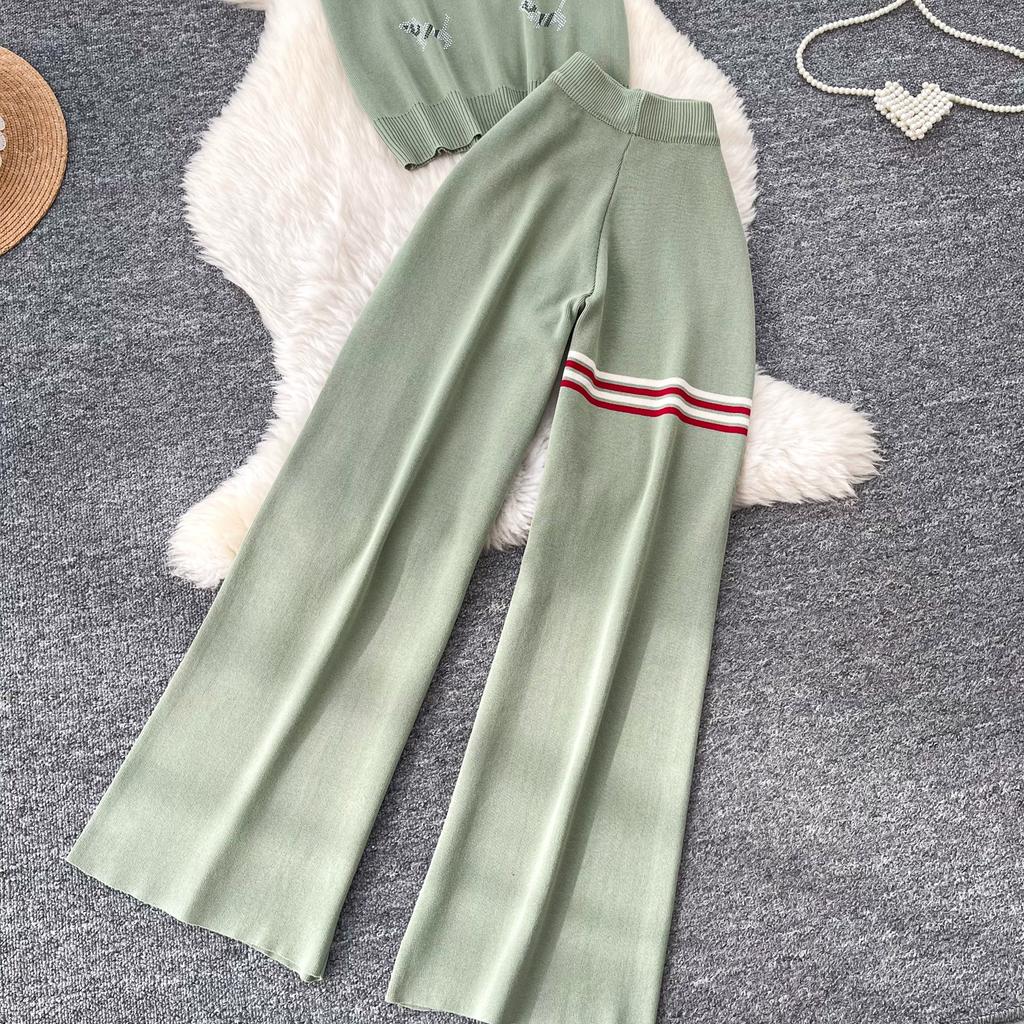 Lässiges Strick-Set mit süßem Welpenmotiv für Damen, Sommer, Umlegekragen Pullover-Top und Weitbeinige Hosen, Zweiteiliges Set für Damen