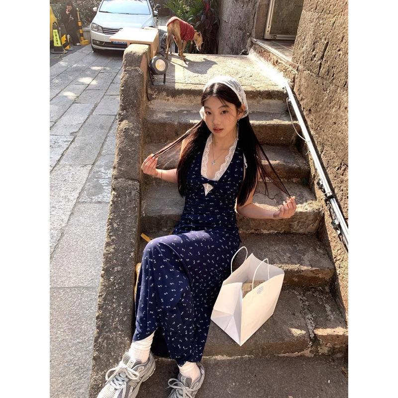 Kink lace neck sling floral dress women s summer new seaside vacation beach dress S