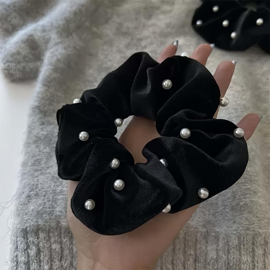 2pcs Black Velvet Hair Rings with Imitation Pearls | Vintage Style, Solid Color, Perfect for Autumn and Winter
