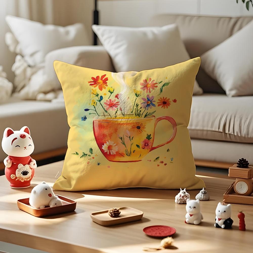 Painting Cup of Flowers Pillow Case Anti-dustmite Pillowcase Invisible Zipper Silky Short Plush Sofa Cushion Cover