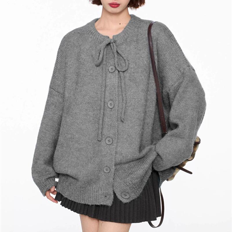 Retro bow sweater jacket women's autumn and winter loose lazy style new knitted cardigan top women