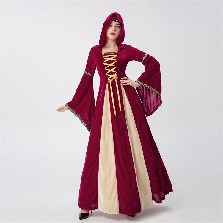 Halloween Adult Costume European Medieval Court Style Hooded Retro Long Dress Noble Queen Performance Costume