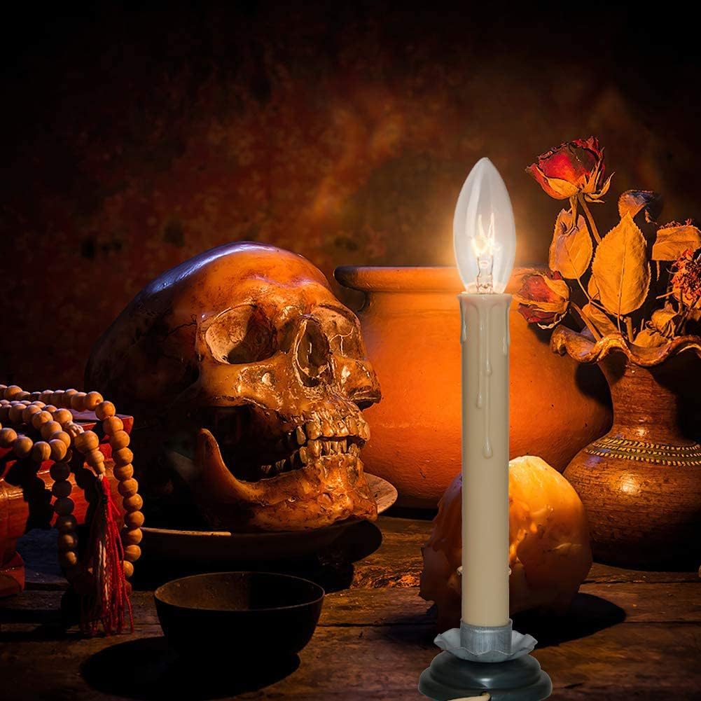 SUNSGNE Set of 4 Electric Window Candles, 7 Inch Plug in Window Candle Lamps with 7 Watt C26 Bulbs, Electric Candles with Black Wood Plum Iron Base,