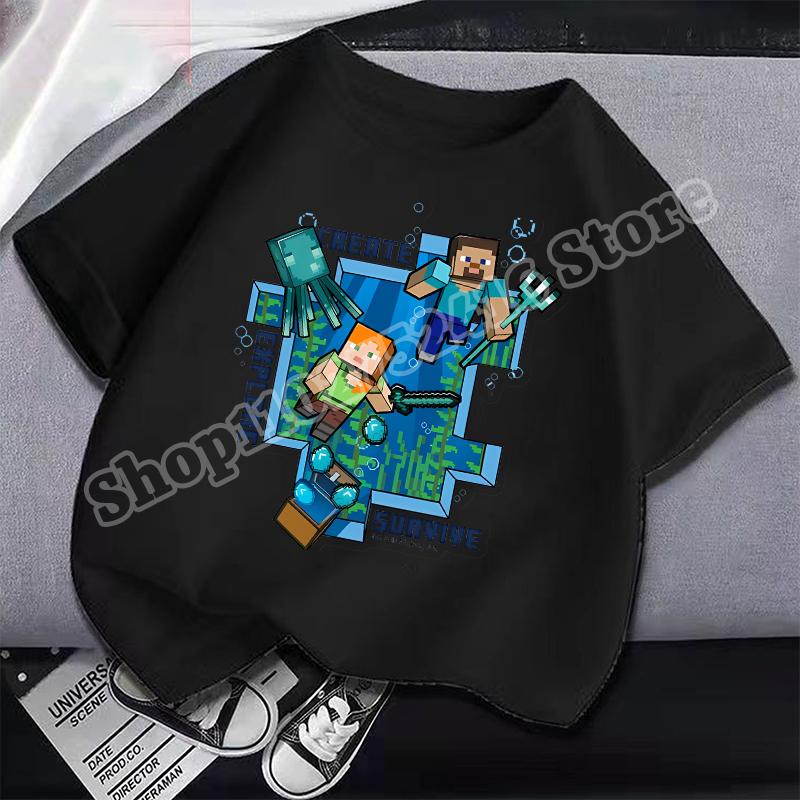Miner Crafted Child Round Neck Cotton T-Shirt Game Themed Print Short Sleeve Top Casual Tees for Boys Summer Clothing Kids Gifts