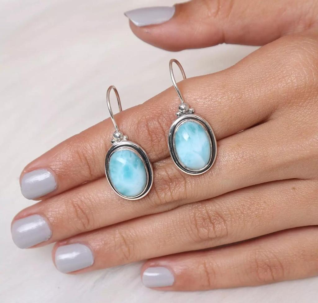 Natural Larimar Gemstone 925 Sterling Silver Handmade Designer Earring