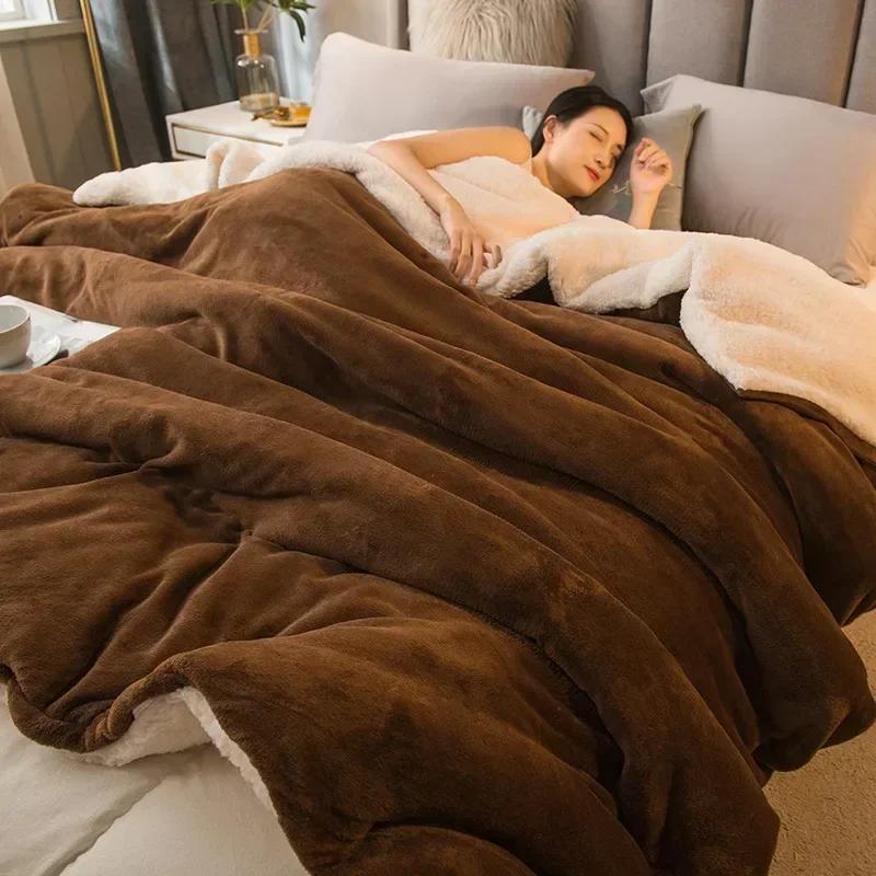 Thick Blanket Lamb Wool Warm Sleeping Double Side Microfiber Flannel Fleece Blankets for Bed Cozy Comfortable Super Soft Quilt