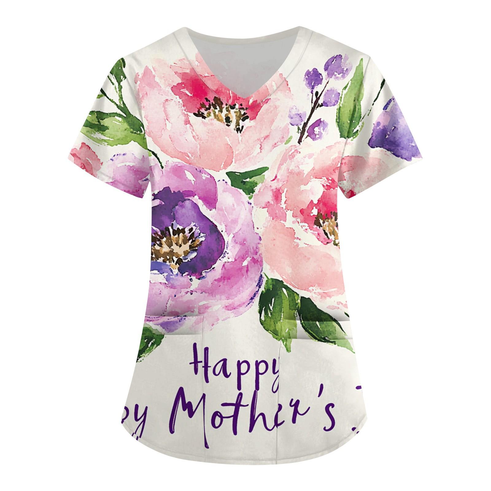 

Женская мода V-образный вырез с короткими рукавами рабочая одежда с карманами принт ко Дню матери одежда по уходу XL розовый