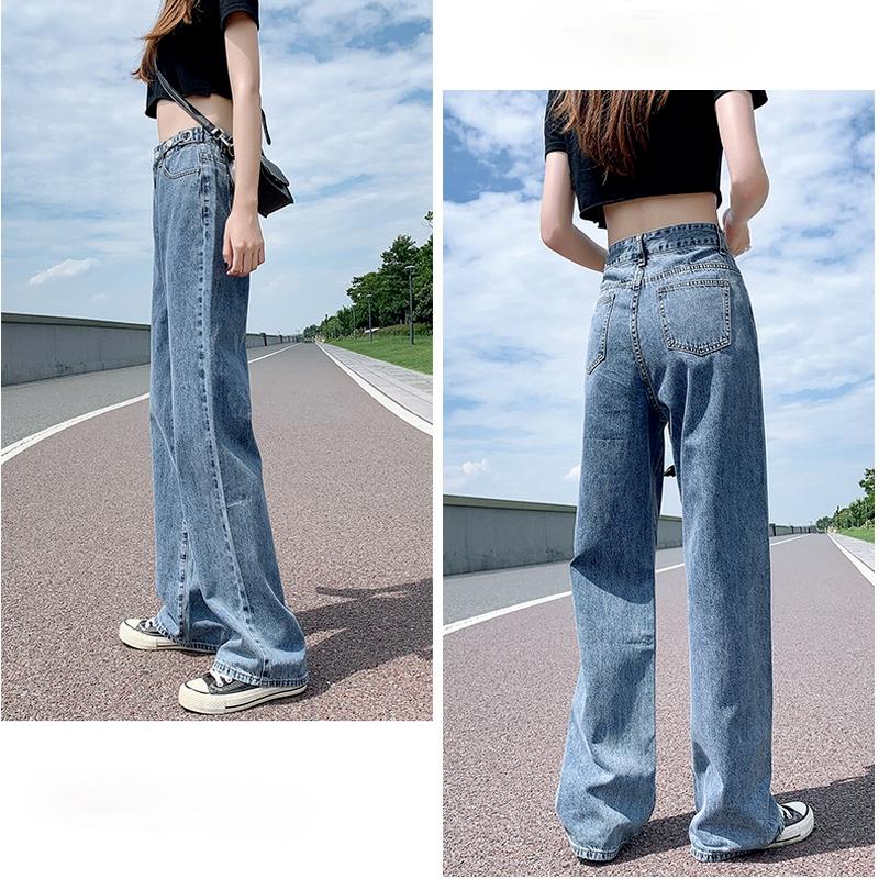 Fashion All-match Blue Women Wide Leg Straight Jeans High Waist Button Denim Pants Loose Trousers