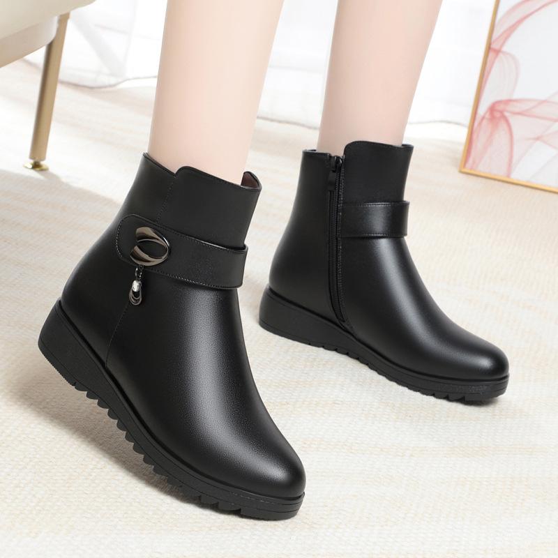 Women's Ladies Mother Female Genuine Leather Ankle Boots Platform Wedges Shoes Winter Round Toe Non Slip Plush Wool Warm Zipper