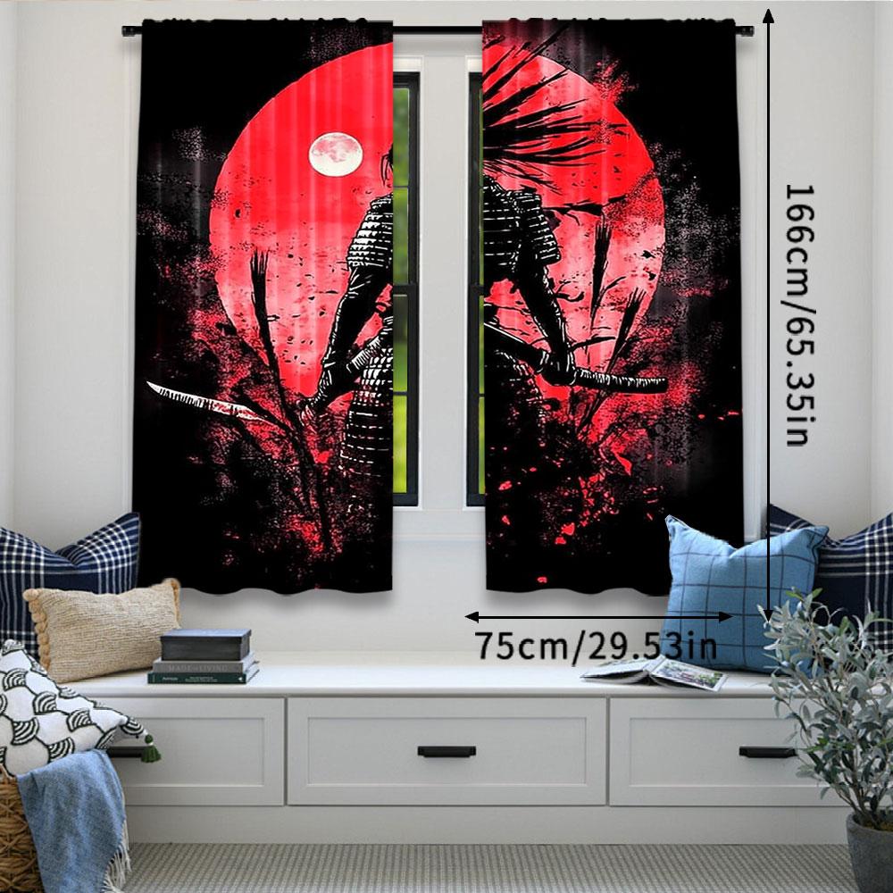 2Pcs Anime Samurai Curtain Cool Japanese Black And Red Art Curtain For Bedroom Asian Chinese Red Sun Curtain For College Dorm