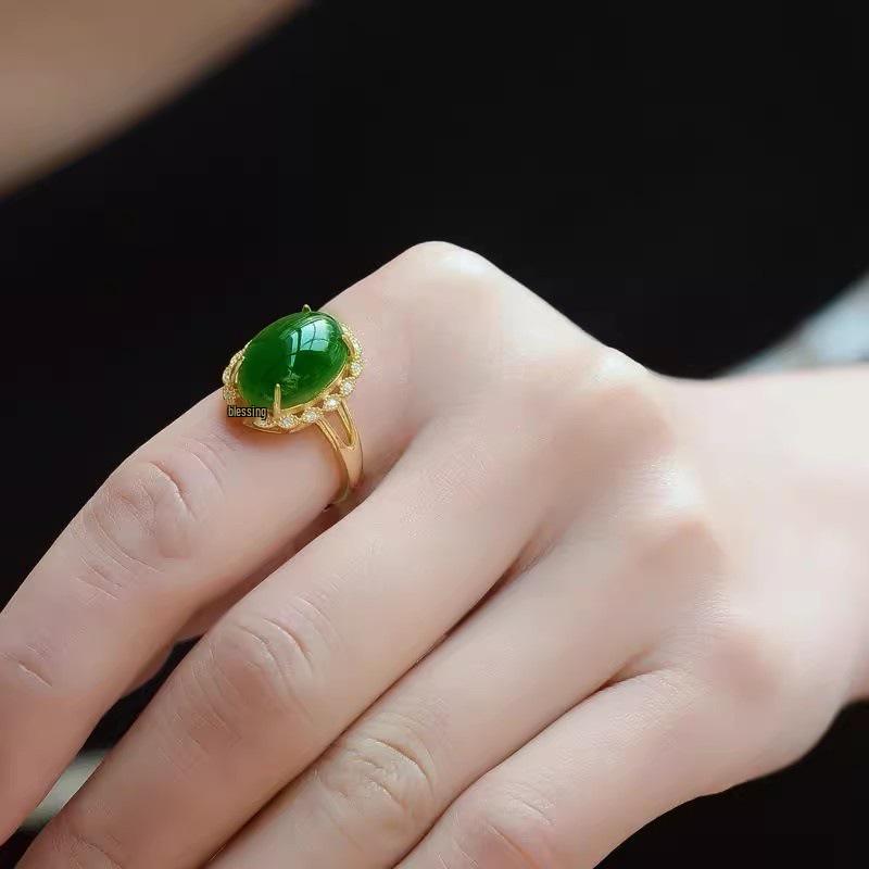 Xinjiang Women's Gold-Plated Ring with Imitation Hetian Jade, Mutton Fat White Jade, and Spinach Green Jasper