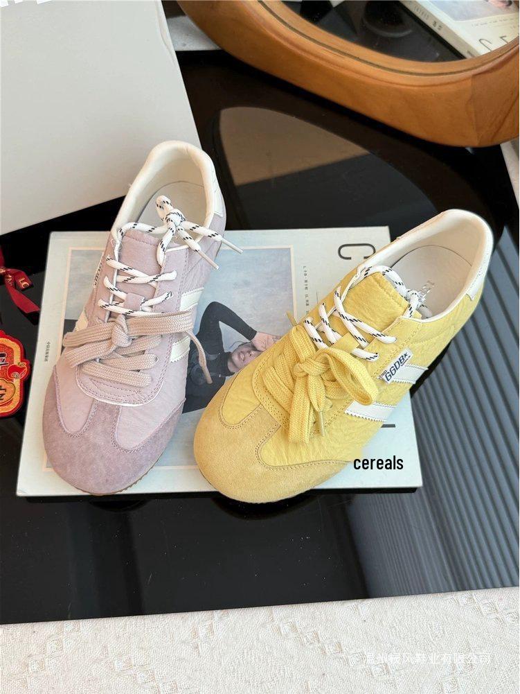 Women's Yellow Leather German Trainer Shoes: New 2025 Spring Style, Lightweight, Versatile, Thin Sole, Casual Sports Skate Shoes.