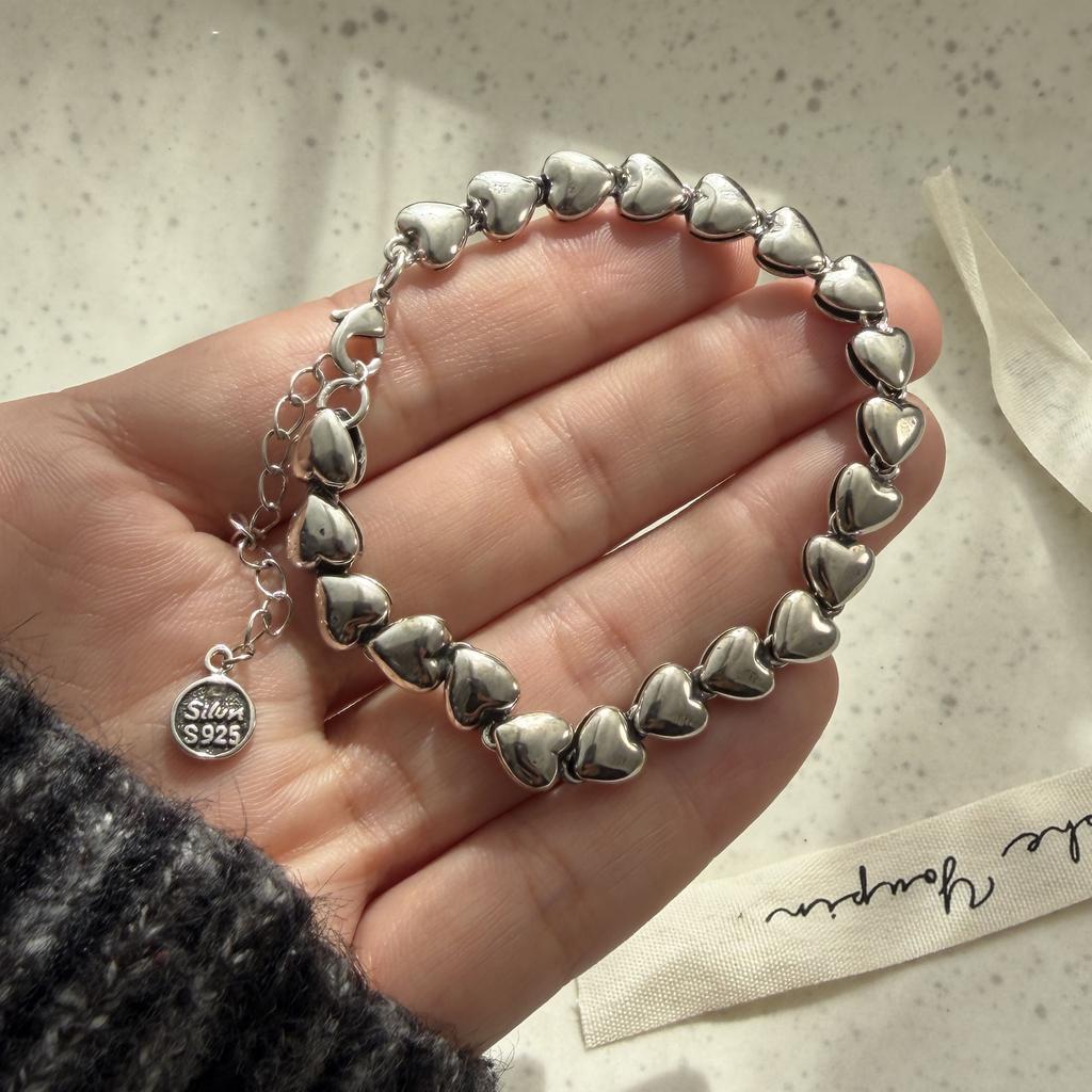 100% Solid 925 Sterling Silver Metal Bracelet for Women Men Vintage Heart Letters Handmade Simple Birthday Gift