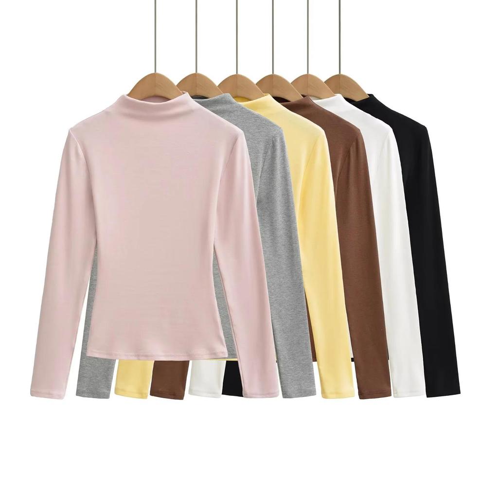 Women's Slim Fit Long Sleeve Cashmere T-Shirt with Half-High Collar for Spring and Autumn