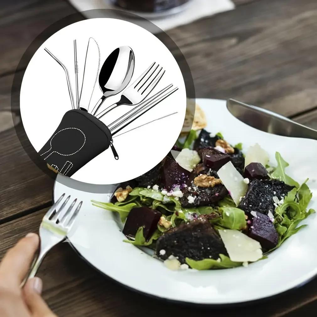 7pcs/ Set Stainless Steel Tableware Set Outdoor Portable Cloth Bag Knife Fork Spoon Chopsticks Straw Rich Flowers Seven Sets