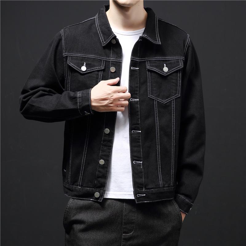 Men's Trendy Black Denim Jacket - Spring/Autumn Korean Hong Kong Style Wear-Resistant