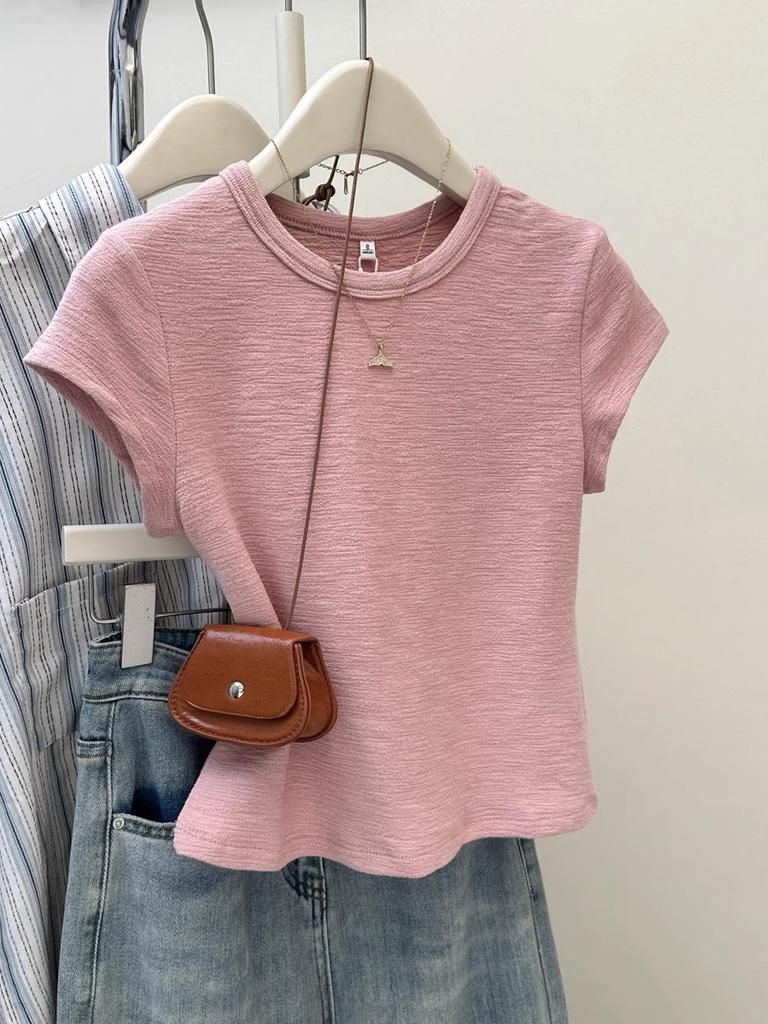 Milk blue texture Korean simple short-sleeved women's T-shirt summer slim-fitting and thin niche foreign style bottoming shirt top