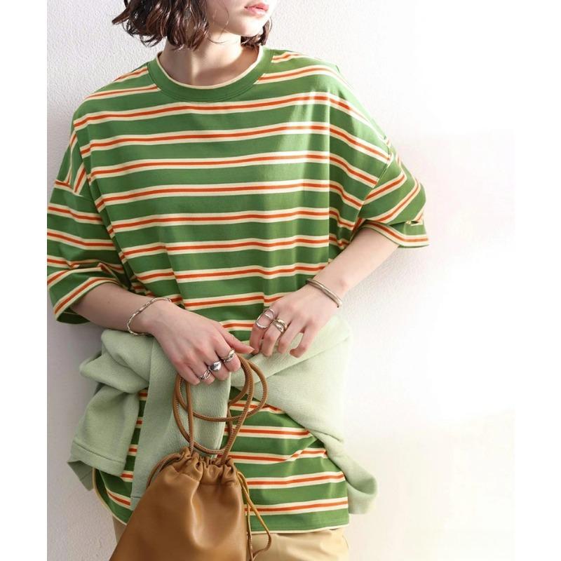 

Dimanaf Летние женские футболки больших размеров 2025 Полосатые элегантные топы с коротким рукавом Футболки Свободная хлопковая рубашка S зелёный