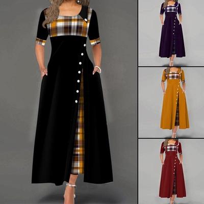 Frauen Mode Lässig Unregelmäßigen Plaid Print Button Maxi Halbe Hülse Rundhals Plus Größe Party Kleid