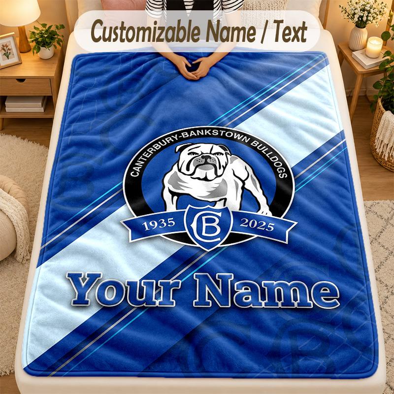 Flannel BlanketCanterbury-Bankstown Bulldogs Custom Name Text Personalized Soft Warm Throw Blanket Home Decor Gift