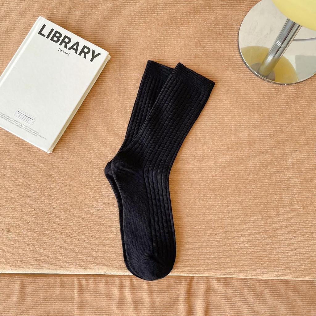 Dámské ponožky ze 100% čisté bavlny do půlky lýtek, trendy korejský styl, jednobarevné, dvoujehlové, podzimní/zimní svislý proužek, podkolenky s volným lemem