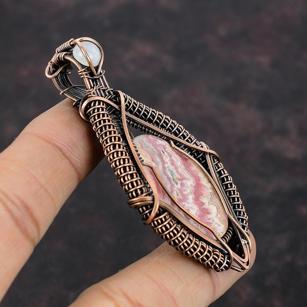 Rhodochrosite Pendant Rainbow Moonstone Pendant Copper Wire Wrapped Gemstone Pendant Copper Jewelry Gift For Her Handmade Wire Wrap Jewelry