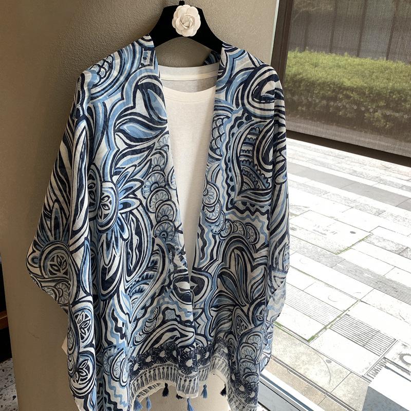 Old Qian Feng Cashew Nut Silk Scarf Women'S Spring, Autumn Winter Collocation Baotou Neck Protector Hanging Beard Ethnic Style Scarf Cardigan Shawl