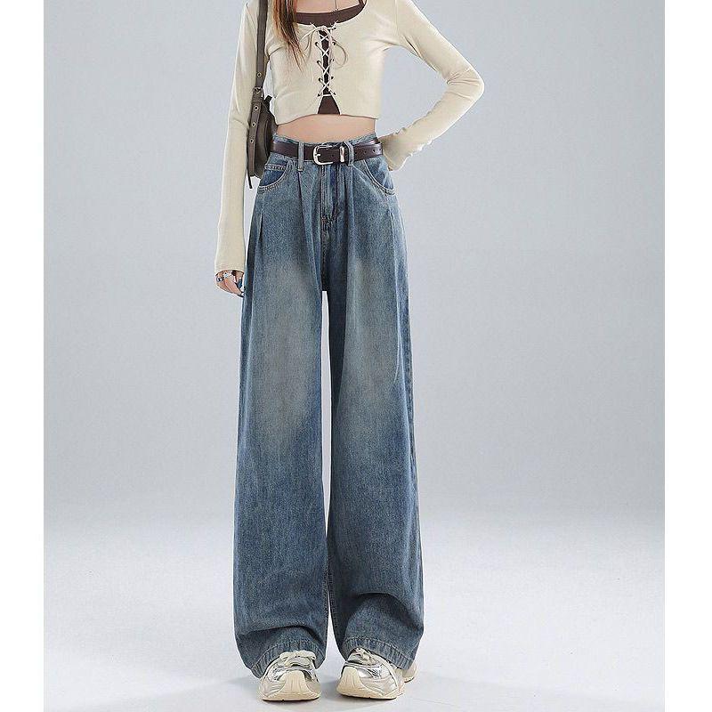 American White Pleated High-Waisted Wide-Leg Jeans - Women s Casual Slimming Drape Straight Pants S