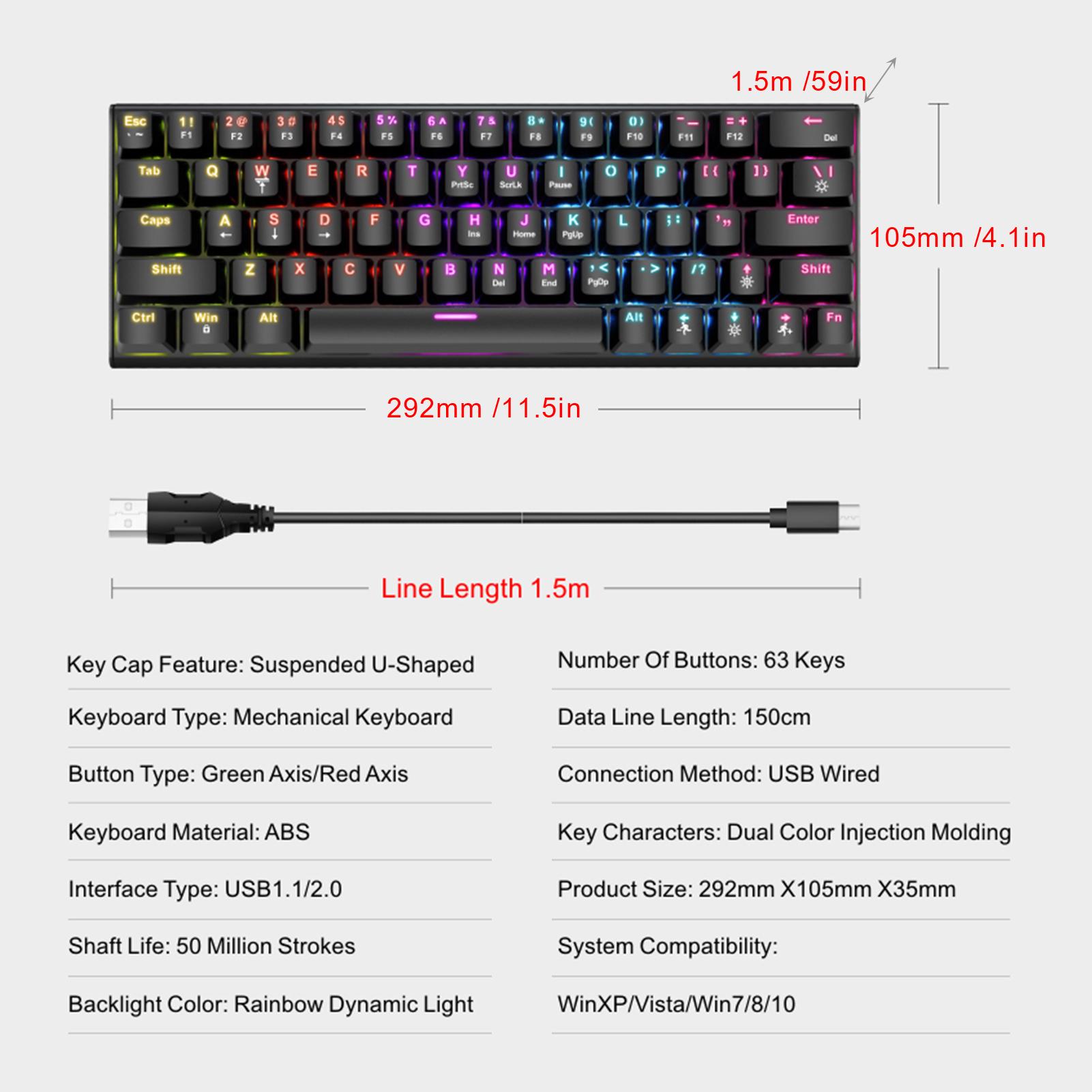 

Mechanical Keyboard Wired Gaming Illuminated Keyboard with Colorful Backlit Custom 63 Keys Office Keyboard чорний