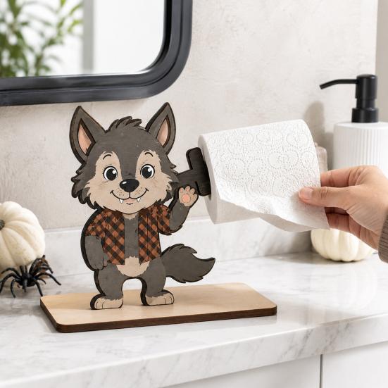 Black Cat Holiday Gift 2Pcs Halloween Paper Towel Holder, Cartoon Animal Tabletop Roll Dispenser, Wooden Funny Skeleton Decor Tissue Stand for Kitchen