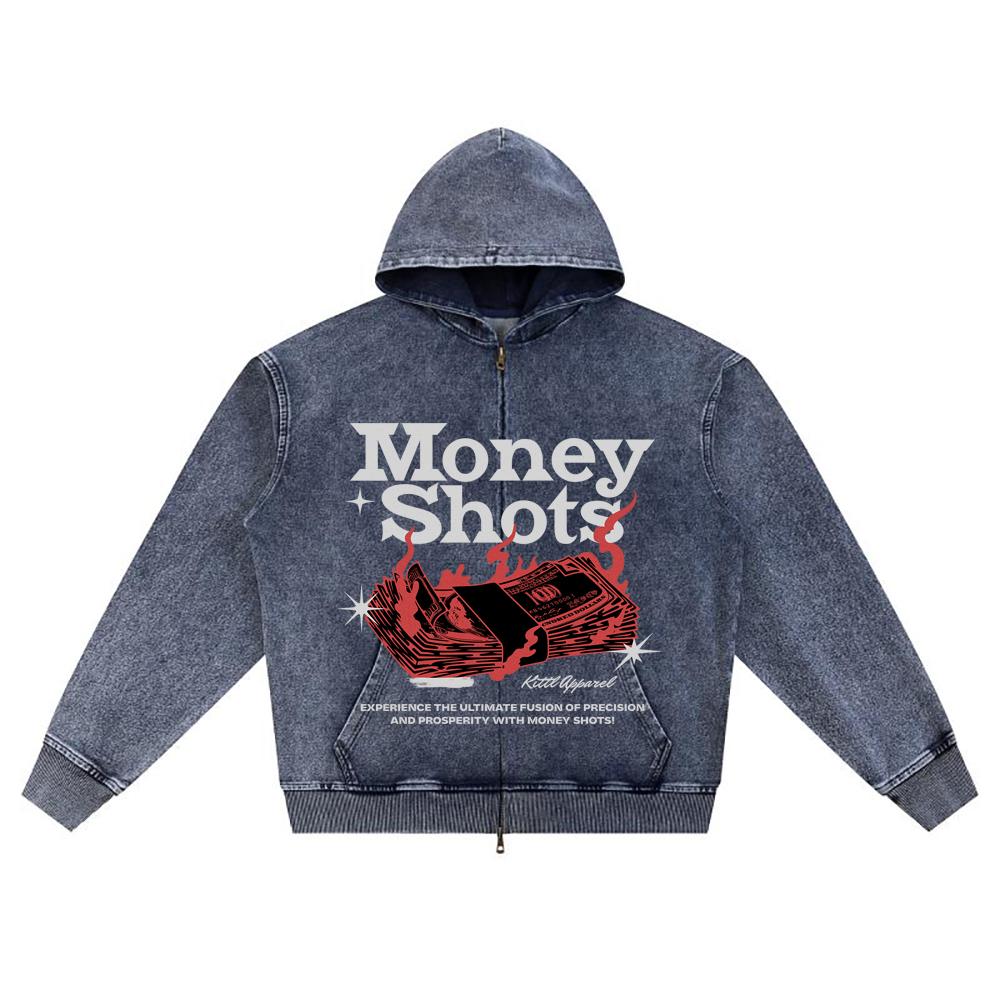 DTG Print Knitted Denim Zip-Up Hoodie Money Shots Brother Print Zipper Hoodies
