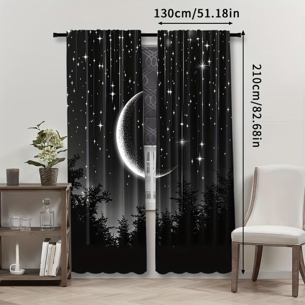 2Pcs Polyester Starry Night Moon Printing Window Curtains Birthday Party Decoration Backdrop Drapes for Living Room